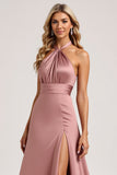 Halter Dusty Rose A Line Satin Bridesmaid Dress with Slit