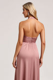 Halter Dusty Rose A Line Satin Bridesmaid Dress with Slit