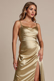 Gold Spaghetti Straps Satin Midi Bridesmaid Dress with Slit
