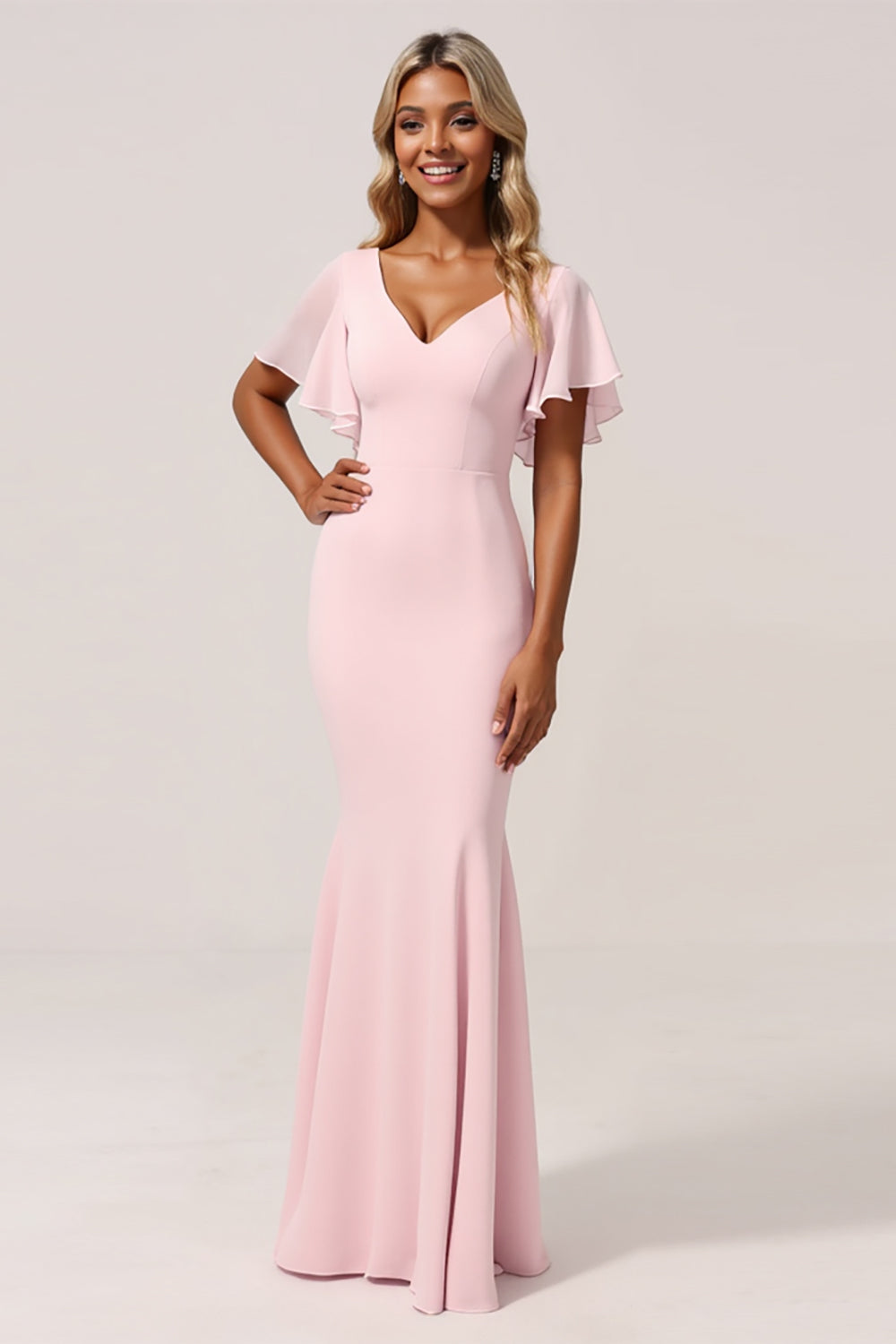 Mermaid Chiffon V-Neck Candy Pink Bridesmaid Dress
