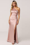 One Shoulder Dusty Rose Sheath Satin Bridesmaid Dress with Slit