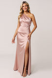 One Shoulder Dusty Rose Sheath Satin Bridesmaid Dress with Slit