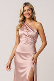 One Shoulder Dusty Rose Sheath Satin Bridesmaid Dress with Slit