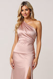 One Shoulder Dusty Rose Sheath Satin Bridesmaid Dress with Slit