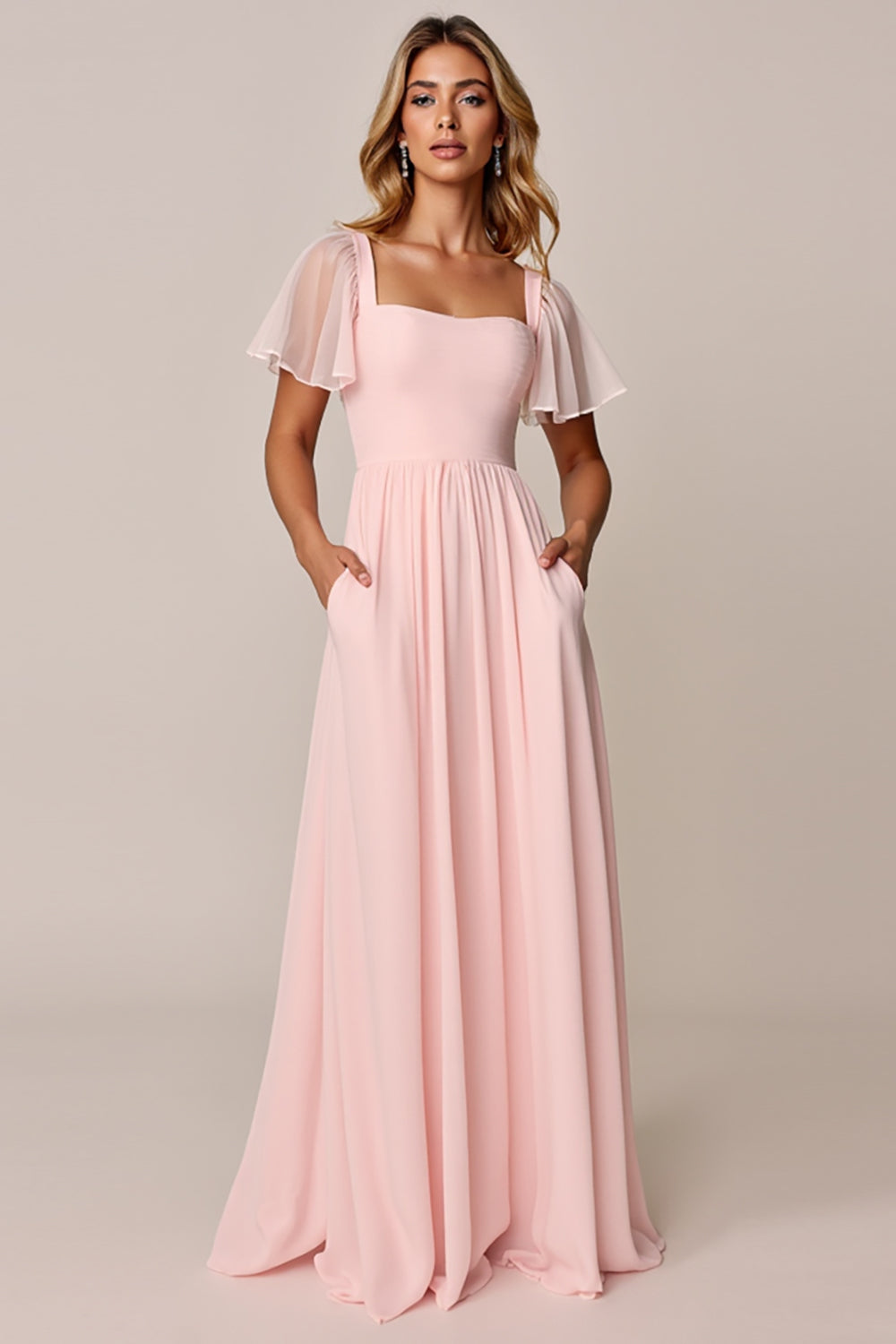 Candy Pink A Line Square Neck Chiffon Bridesmaid Dress