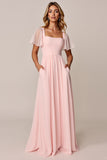 Candy Pink A Line Square Neck Chiffon Bridesmaid Dress