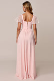 Candy Pink A Line Square Neck Chiffon Bridesmaid Dress