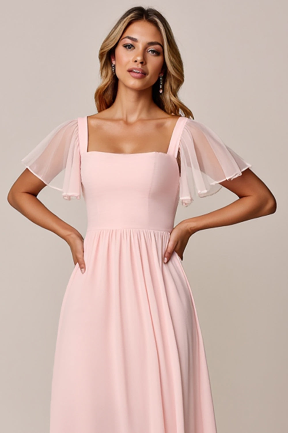 Candy Pink A Line Square Neck Chiffon Bridesmaid Dress