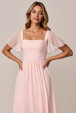 Candy Pink A Line Square Neck Chiffon Bridesmaid Dress