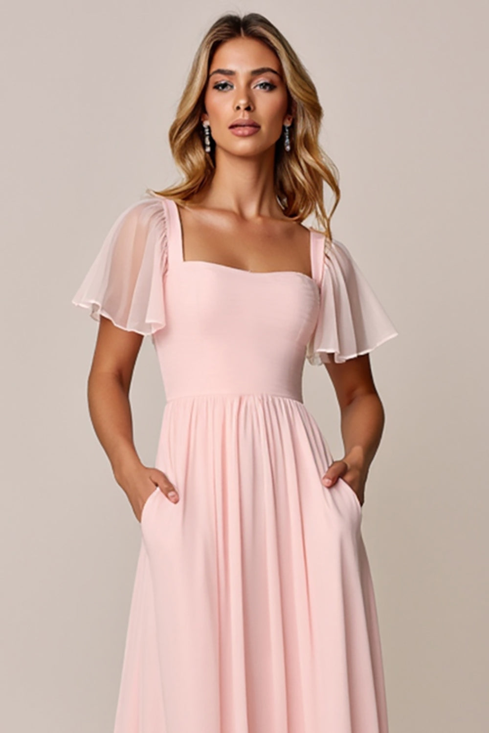 Candy Pink A Line Square Neck Chiffon Bridesmaid Dress