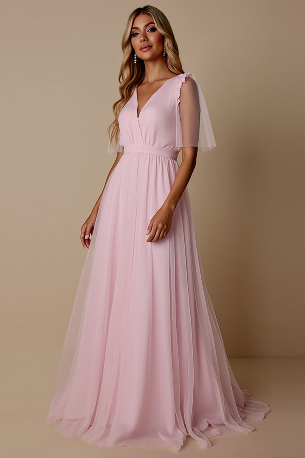 Candy Pink A Line V-Neck Bridesmaid Dress