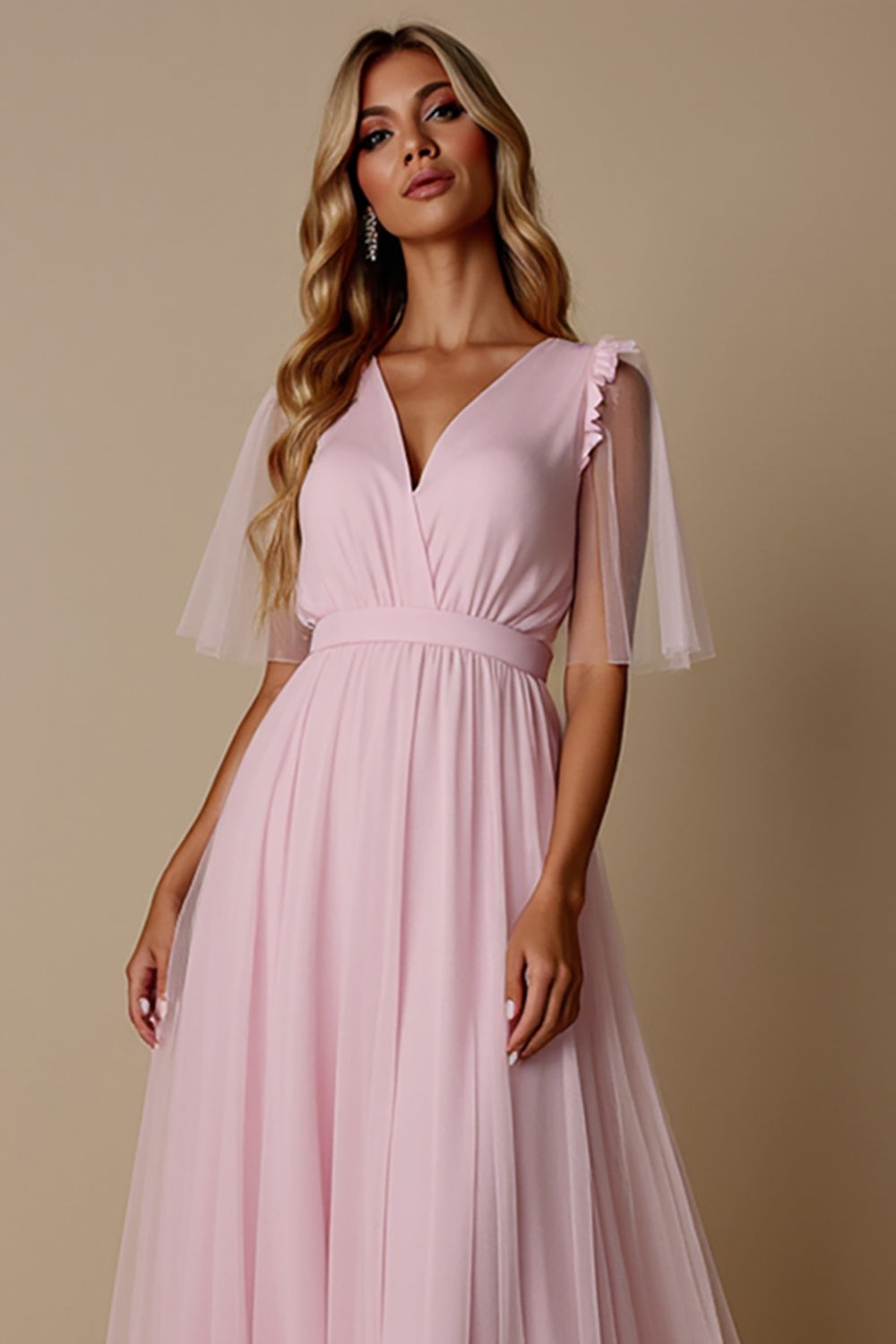 Candy Pink A Line V-Neck Bridesmaid Dress