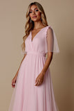 Candy Pink A Line V-Neck Bridesmaid Dress