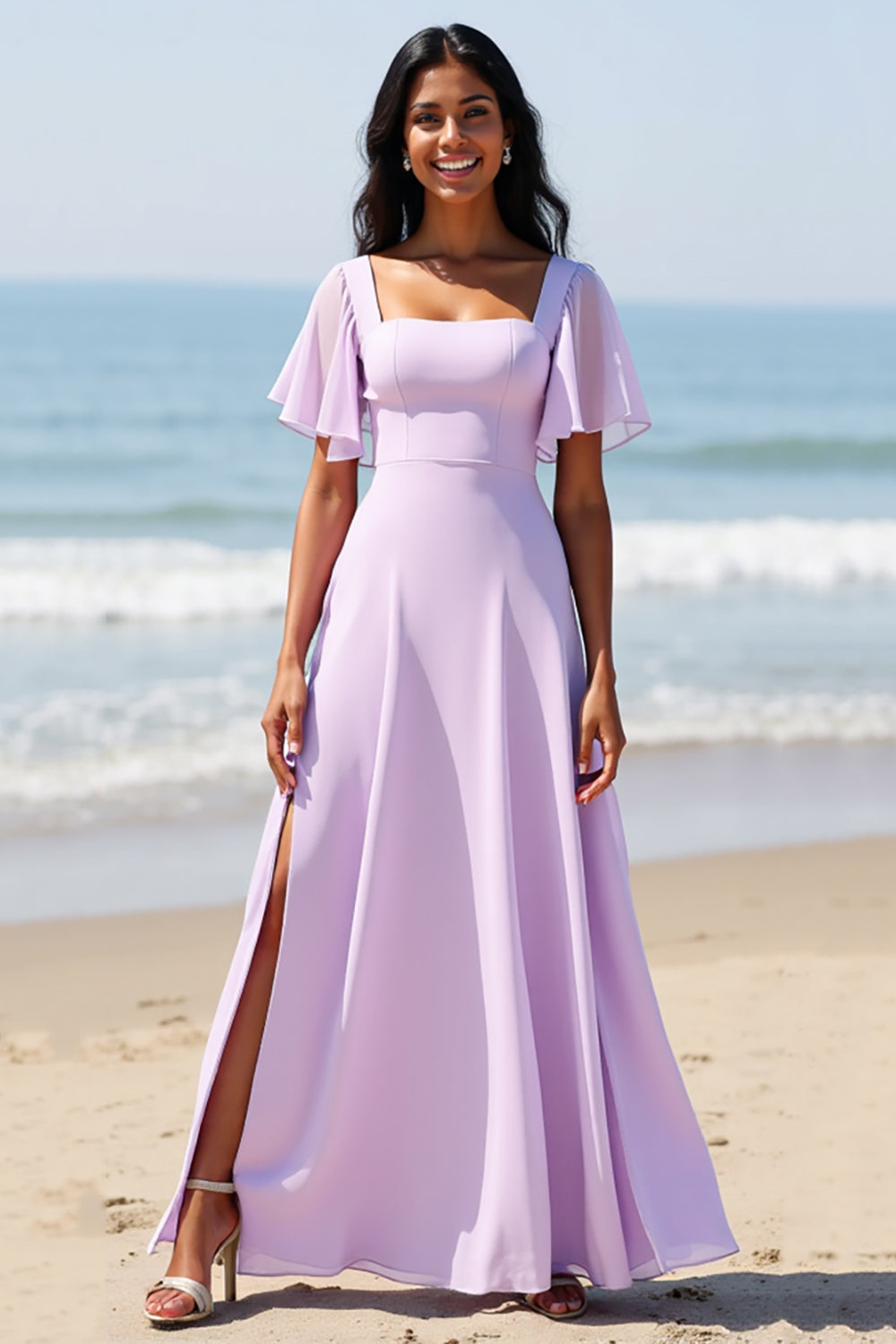 Lilac Chiffon A Line Long Bridesmaid Dress