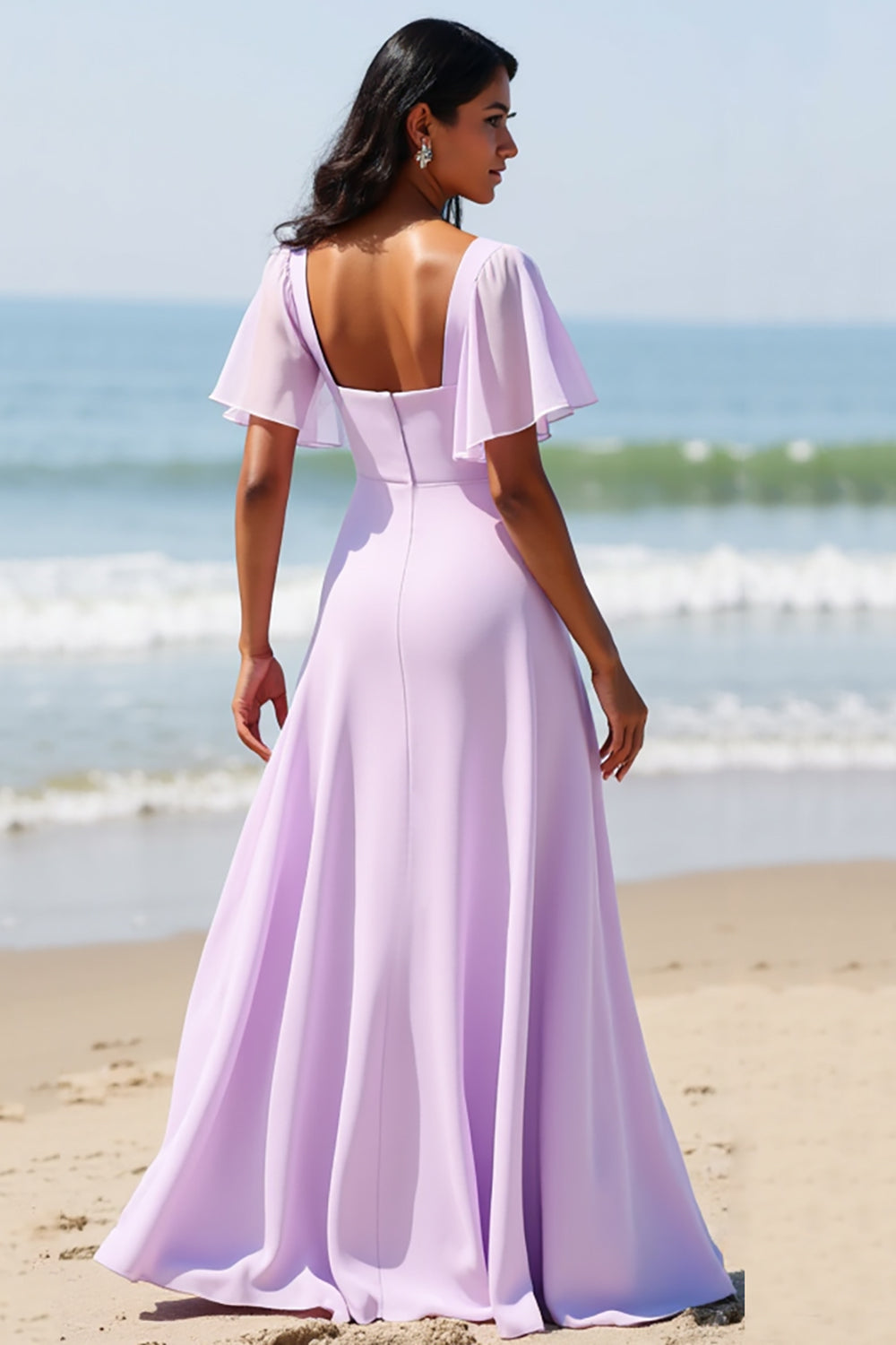 Lilac Chiffon A Line Long Bridesmaid Dress