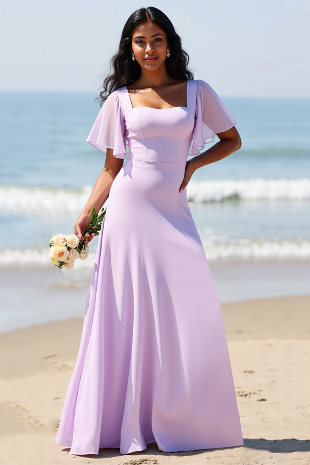 Lilac Chiffon A Line Long Bridesmaid Dress