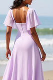 Lilac Chiffon A Line Long Bridesmaid Dress