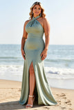 Eucalyptus Plus Size Mermaid Long Bridesmaid Dress with Slit