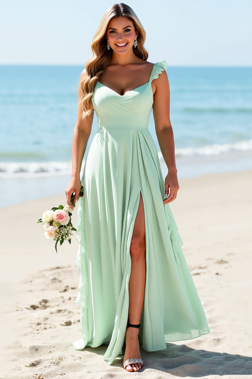 Mint Green Chiffon Plus Size Spaghetti Straps Long Bridesmaid Dress