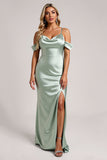 Sage Green Off the Shoulder Satin Long Bridesmaid Dress with Slit