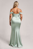 Sage Green Off the Shoulder Satin Long Bridesmaid Dress with Slit