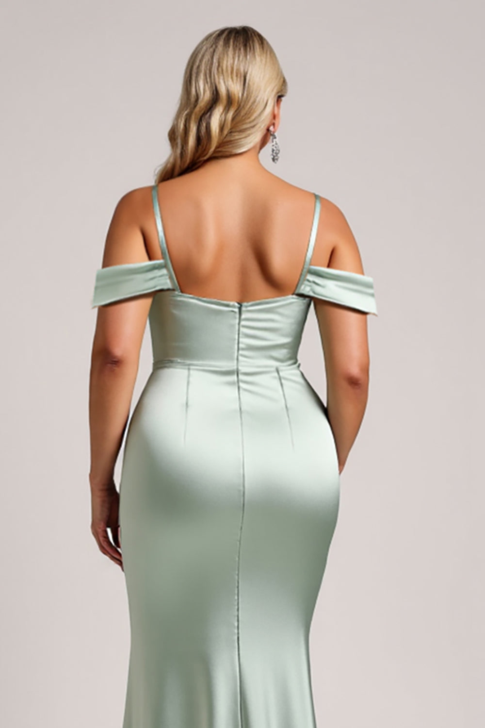 Sage Green Off the Shoulder Satin Long Bridesmaid Dress with Slit
