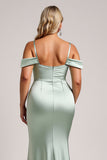 Sage Green Off the Shoulder Satin Long Bridesmaid Dress with Slit