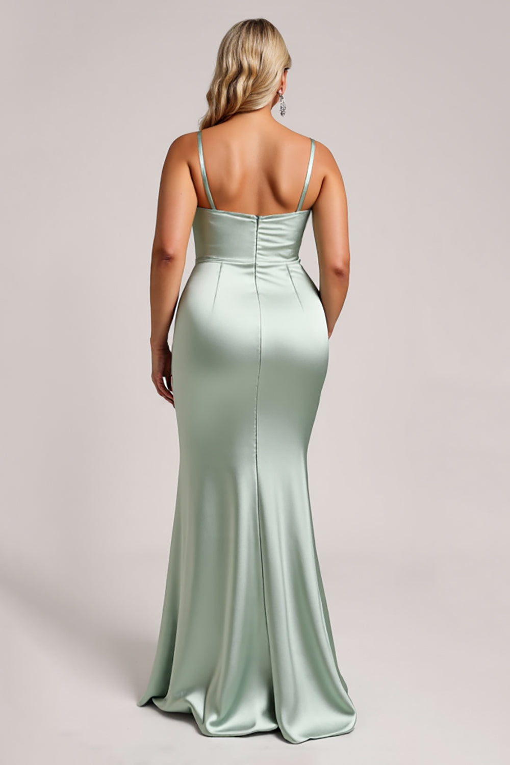 Sage Green Plus Size Satin Long Bridesmaid Dress with Slit