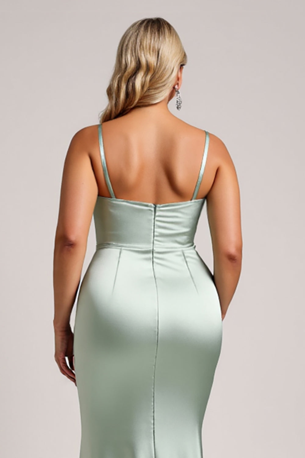Sage Green Plus Size Satin Long Bridesmaid Dress with Slit