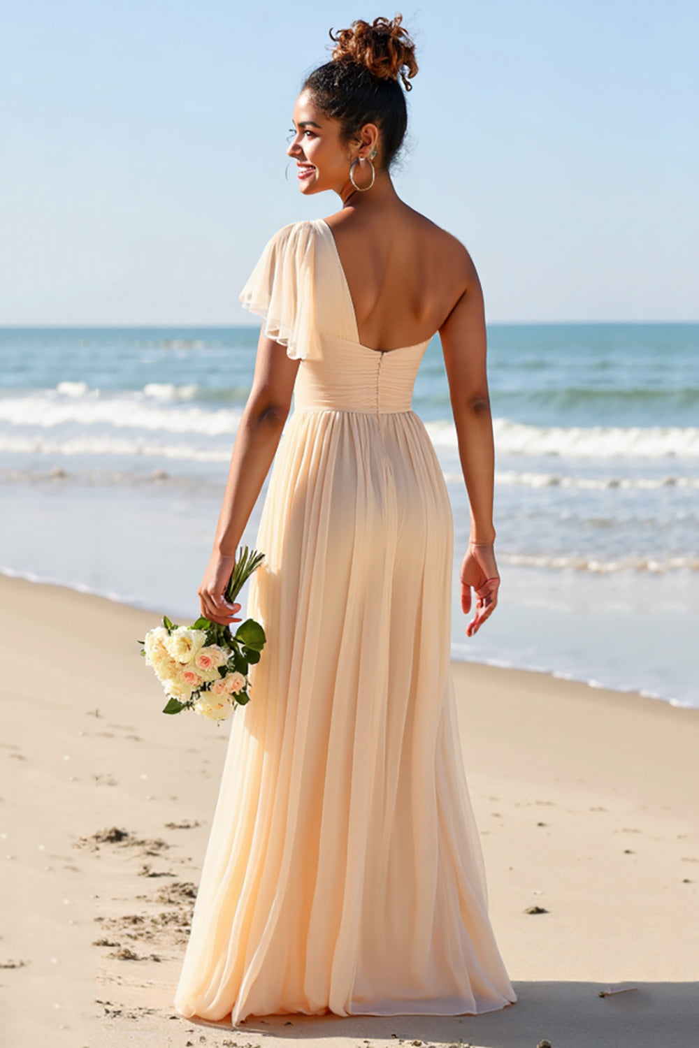 Apricot Chiffon One Shoulder A Line Long Bridesmaid Dress