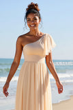 Apricot Chiffon One Shoulder A Line Long Bridesmaid Dress