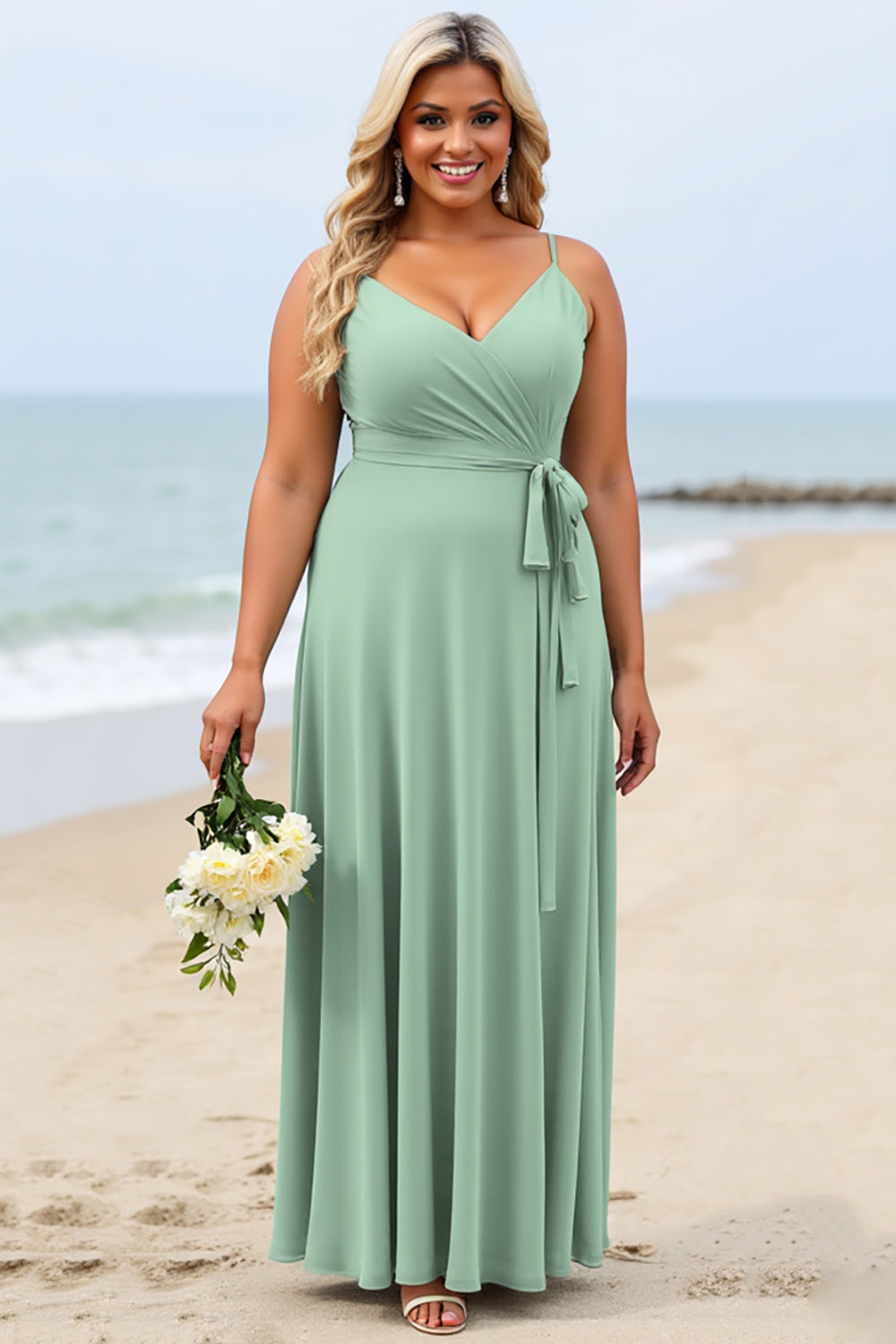Sage Green Plus Size Chiffon Spaghetti Straps Long Bridesmaid Dress