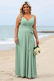 Sage Green Plus Size Chiffon Spaghetti Straps Long Bridesmaid Dress
