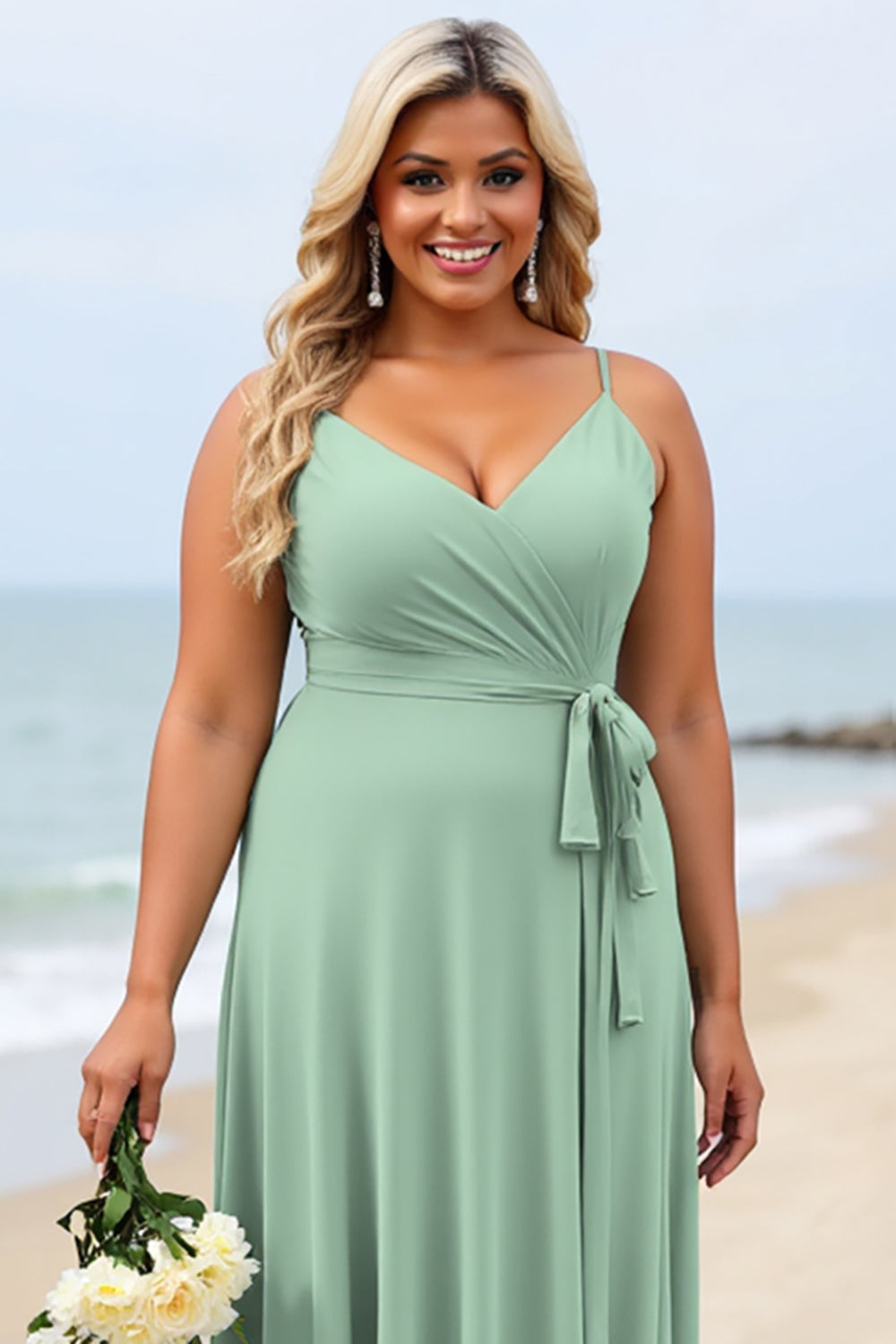 Sage Green Plus Size Chiffon Spaghetti Straps Long Bridesmaid Dress