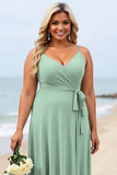 Sage Green Plus Size Chiffon Spaghetti Straps Long Bridesmaid Dress
