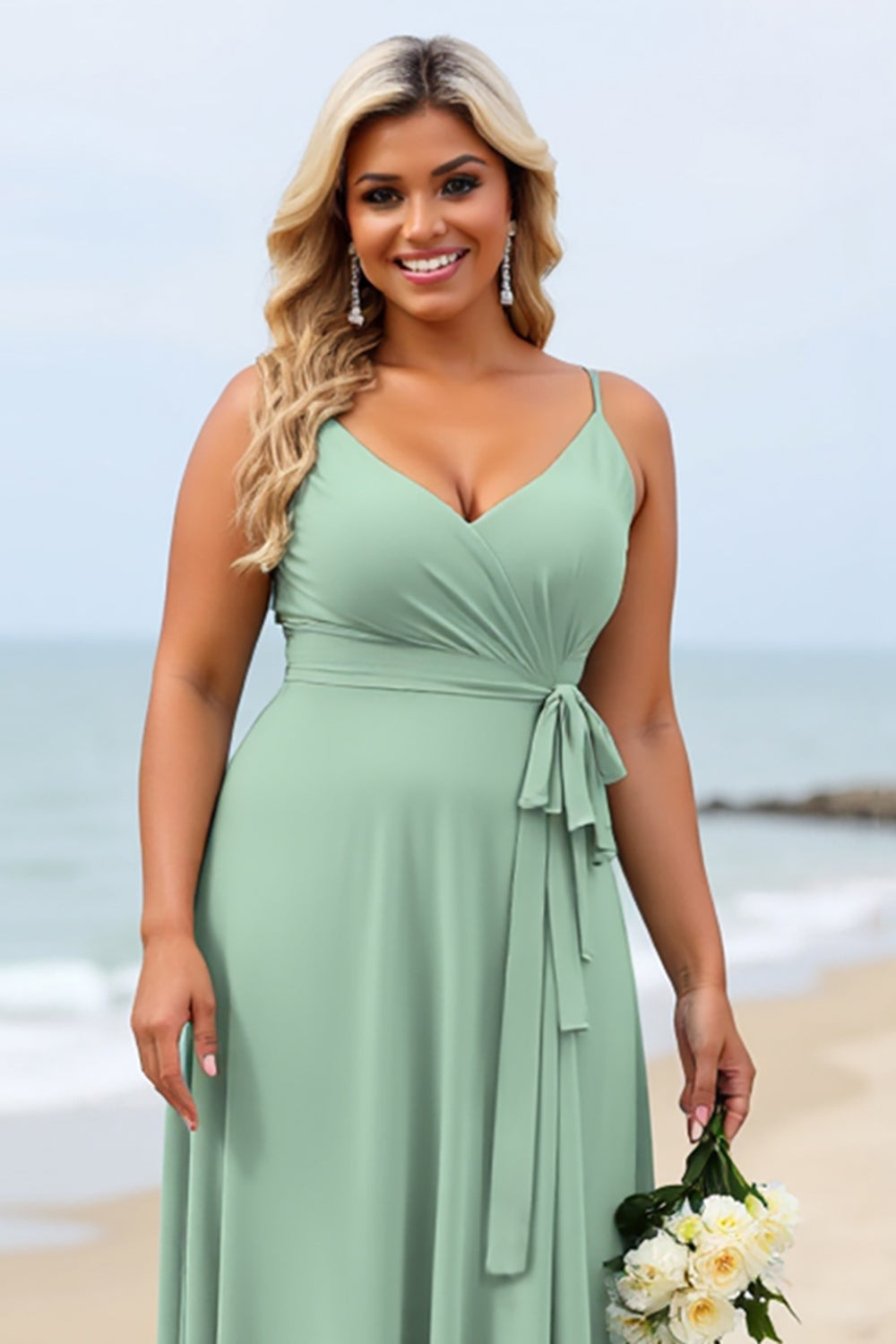 Sage Green Plus Size Chiffon Spaghetti Straps Long Bridesmaid Dress