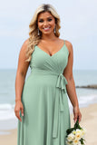 Sage Green Plus Size Chiffon Spaghetti Straps Long Bridesmaid Dress