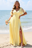 Yellow A Line V-Neck Chiffon Long Bridesmaid Dress with Slit