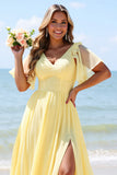 Yellow A Line V-Neck Chiffon Long Bridesmaid Dress with Slit