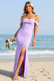 Lilac Off the Shoulder Sheath Long Bridesmaid Dress with Slit