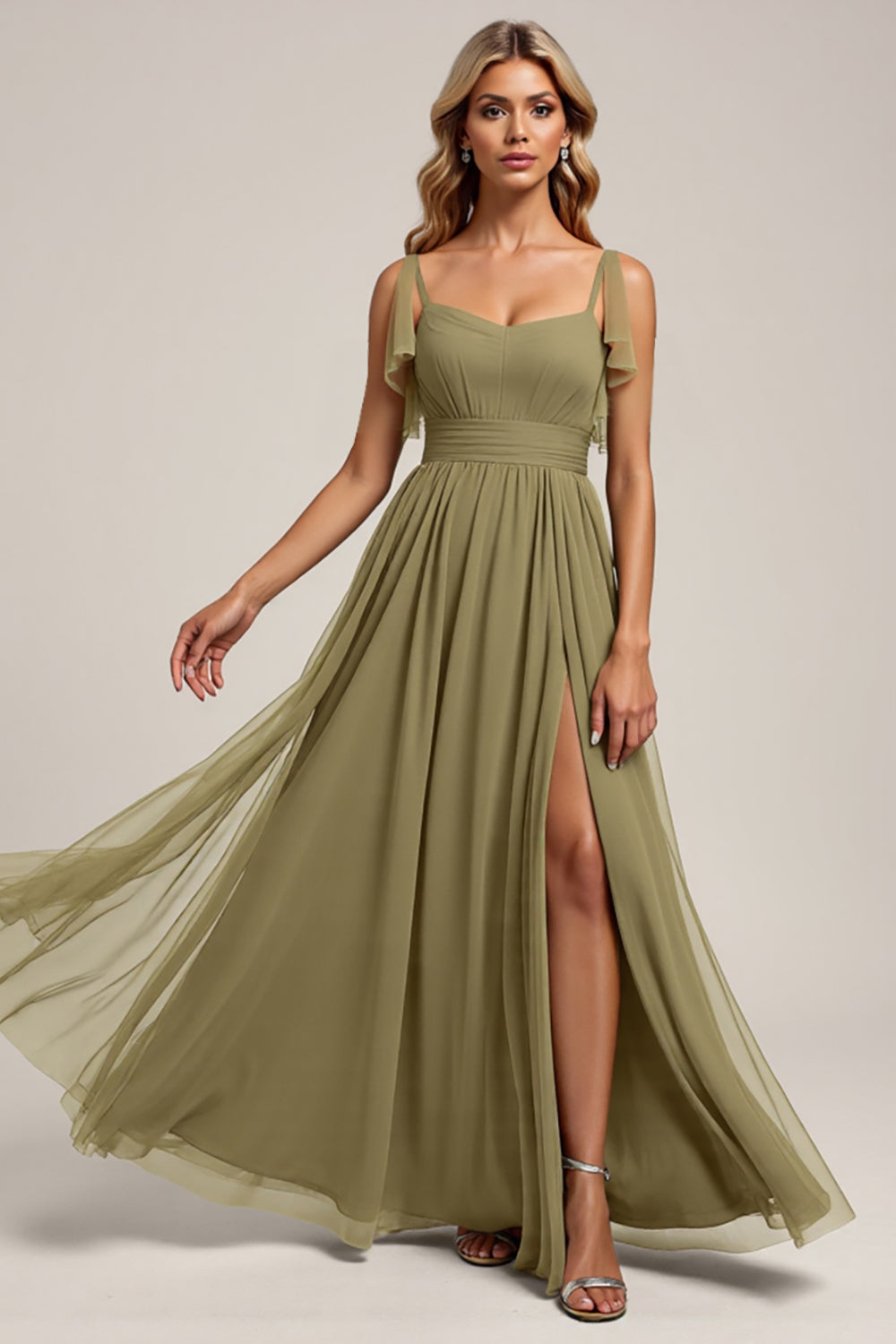 Olive Spaghetti Straps A Line Long Bridesmaid Dress with Slit