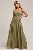 Olive Spaghetti Straps A Line Long Bridesmaid Dress with Slit