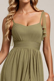 Olive Spaghetti Straps A Line Long Bridesmaid Dress with Slit