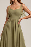 Olive Spaghetti Straps A Line Long Bridesmaid Dress with Slit