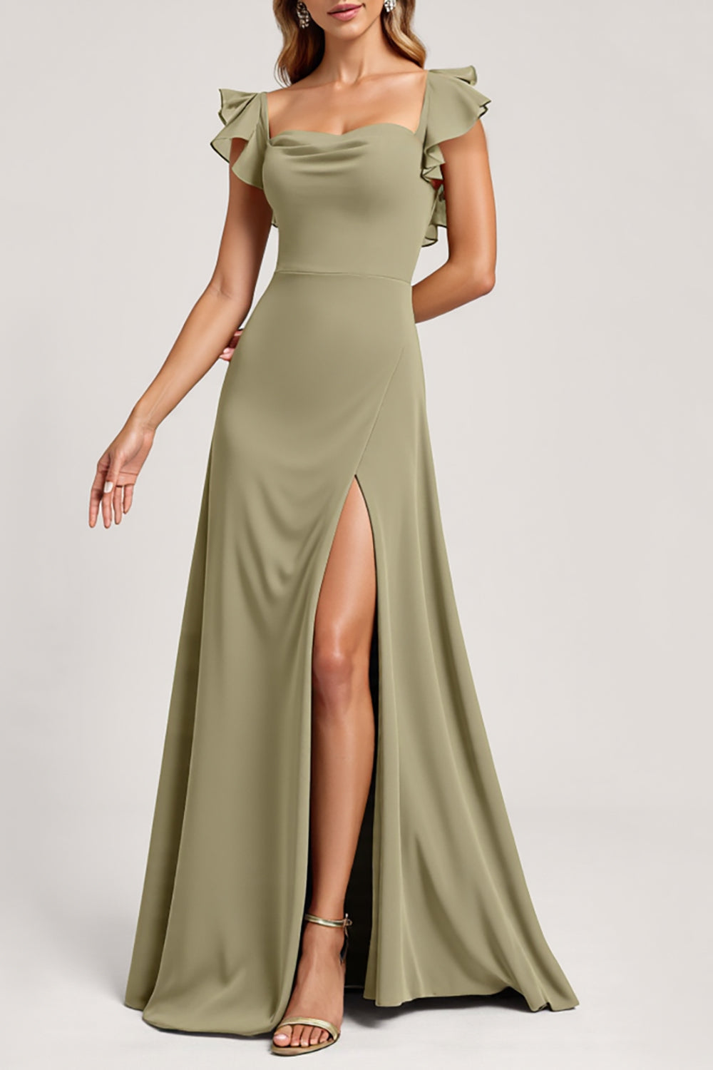 Olive Ruffled A Line Long Bridesmaid Dress with Slit