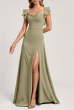 Olive Ruffled A Line Long Bridesmaid Dress with Slit