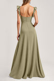 Olive Ruffled A Line Long Bridesmaid Dress with Slit