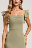 Olive Ruffled A Line Long Bridesmaid Dress with Slit