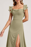 Olive Ruffled A Line Long Bridesmaid Dress with Slit