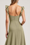 Olive Ruffled A Line Long Bridesmaid Dress with Slit